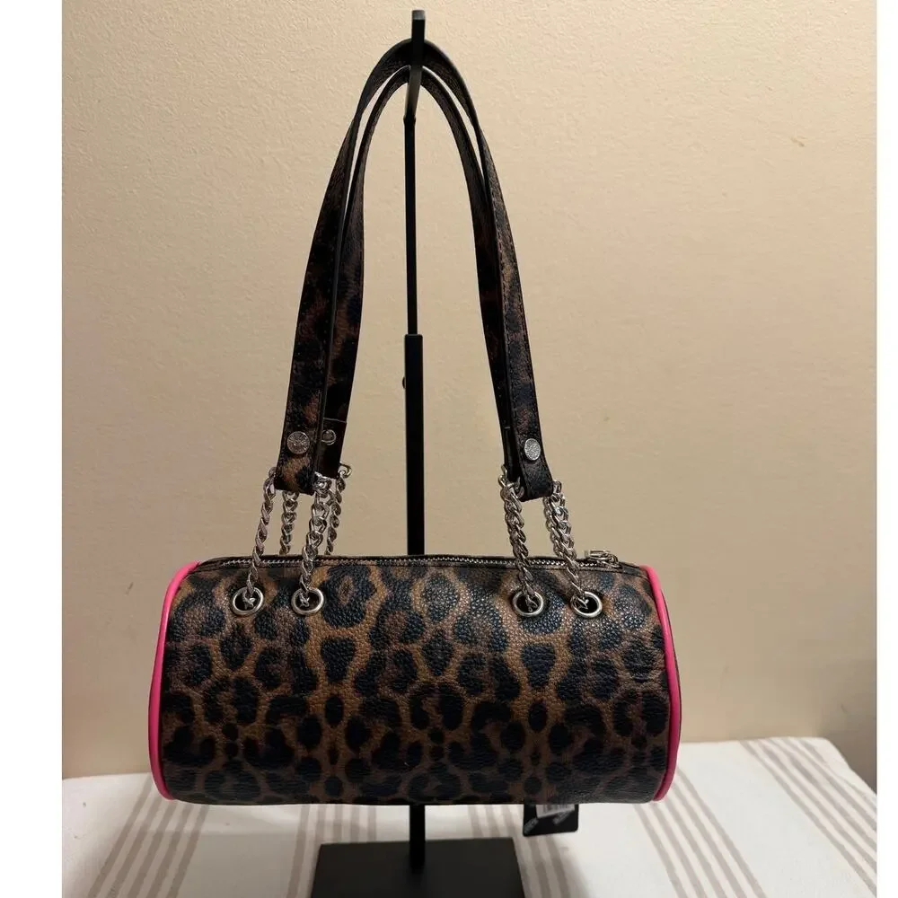 Von Dutch Cheetah Barrel Bag Pink Logo Chain Shoulder Purse Y2K NWT
